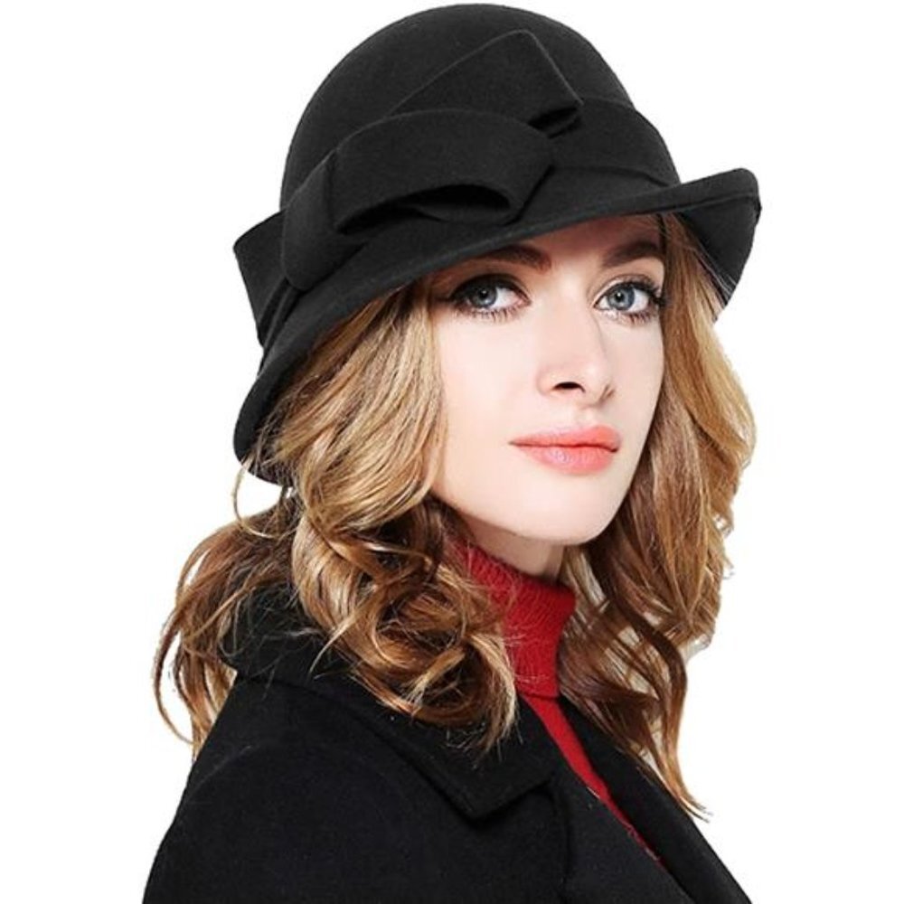Women's Winter Hat Wool Cloche Bucket with Bow Accent